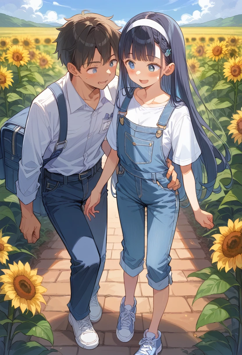 Masterpiece、Young girl、Very cute、Firm breasts、Denim overalls、Black Hair、Straight Long Hair、White headband、Light blue sneakers、Shining Eyes、fun、An innocent smile、One Man、A male office worker is walking hand in hand with a girl、Sunflower field、sunny、A man becomes intimate with a woman、Patting the head