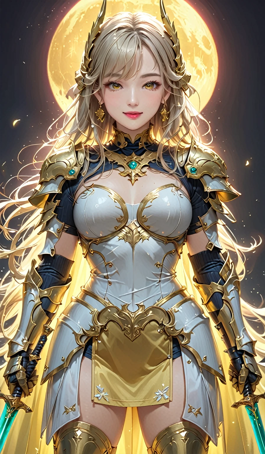 (Perfect Anatomy)、masterpiece、super high quality、 8k、masterpiece、Best Quality、Ultra-high resolution、Highest Resolution、Very detailed、Professional Lighting、woman、smile、so beautiful、Very detailedな目、Very detailedな顔、Gold earrings、blonde, Yellow Eyes、Detailed Armor Patterns、Center of chest,  compensate, Eyeliner, Eyeshadow, Pink Cheeks, Pink Lips,Glossy Lips、 Goddess Armor, Golden open mini skirt , whole body, gold, Extra long golden boots, Golden long gloves, woman格闘家, High heels, Gauntlets with golden claws, Golden cute headgear, Gold knee pads,Night view、Starry Sky、Big yellow moon、full moon、break、(((arms)))、break、(((sword)))、(((swordを構える)))、break、(((両手で地面にswordを刺す)))、Above the knee、View from the front、