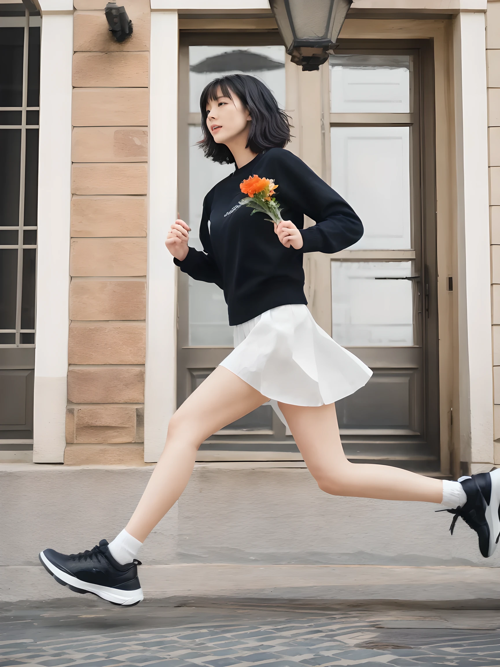 Dynamixpoze, 1girl, solo, a woman with short black hair running along a cobblestone street, holding a bouquet of flowers, (masterpiece, best quality, amazing quality, very aesthetic, absurdres).