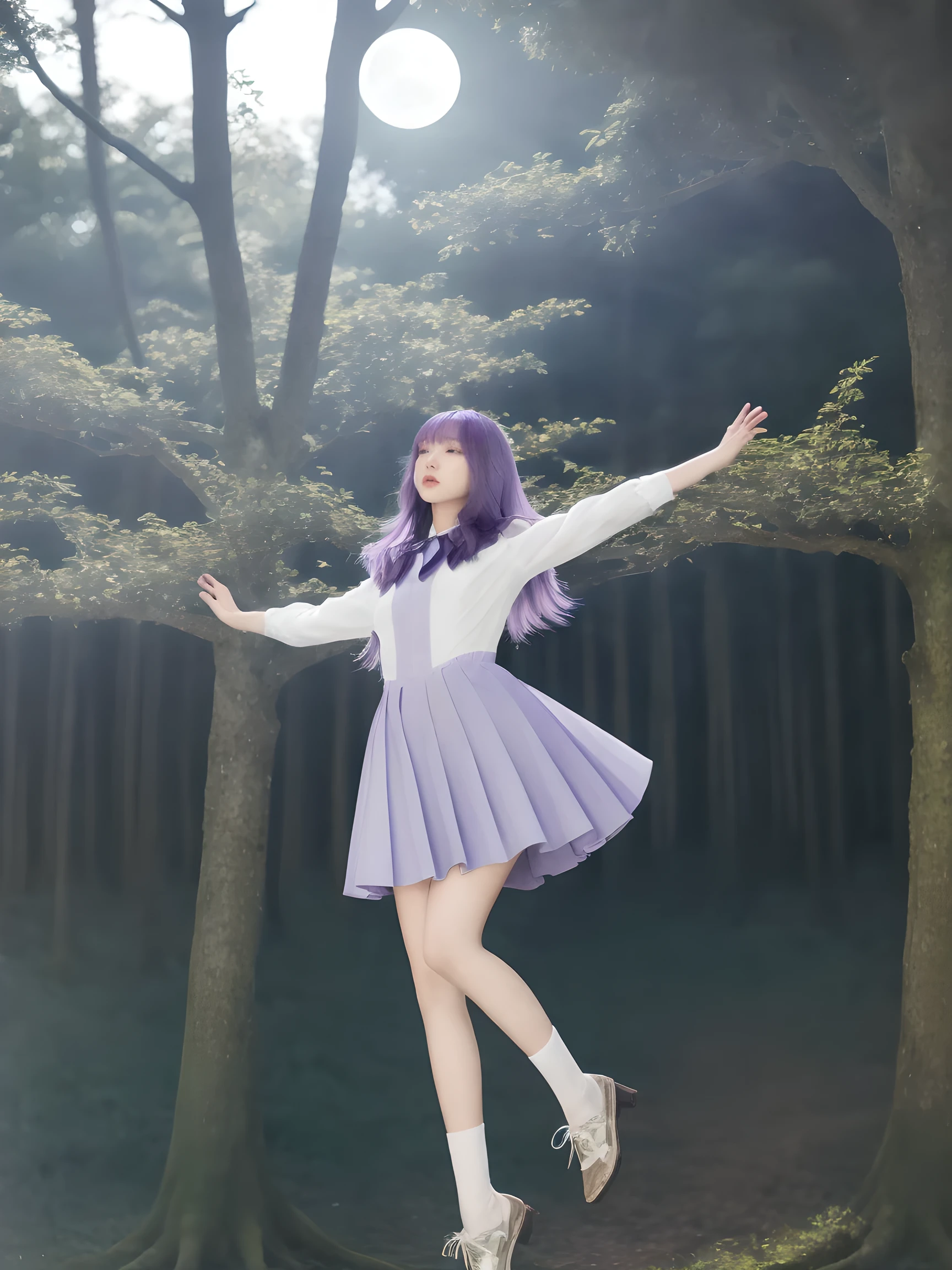 Dynamixpoze, 1girl, solo, a woman with purple hair leaping through a magical forest, her gown shimmering in the moonlight, (masterpiece, best quality, amazing quality, very aesthetic, absurdres).