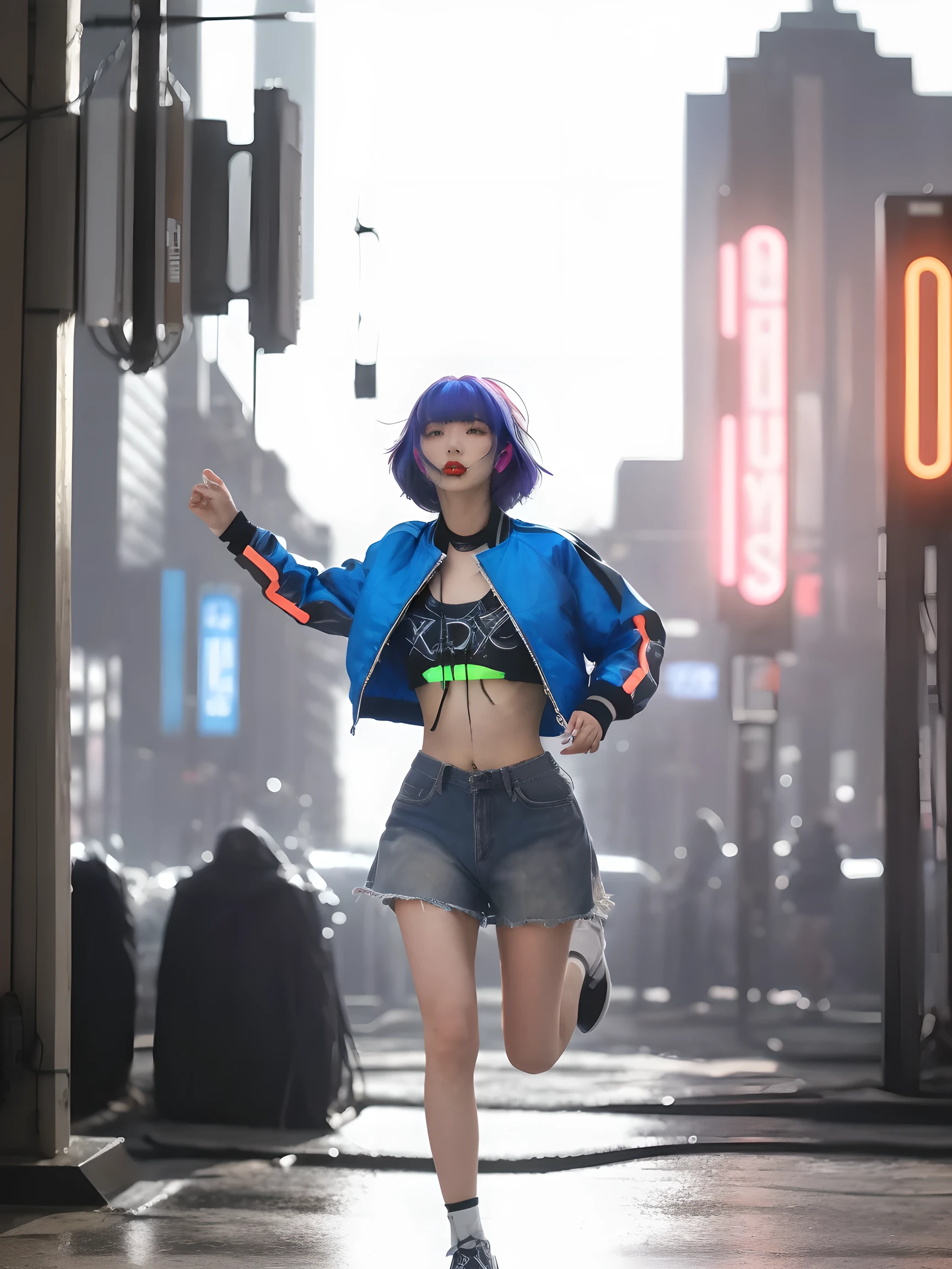 Dynamixpoze, 1girl, solo, a woman with short blue hair running through a futuristic city, neon lights reflecting off her metallic jacket, (masterpiece, best quality, amazing quality, very aesthetic, absurdres).
