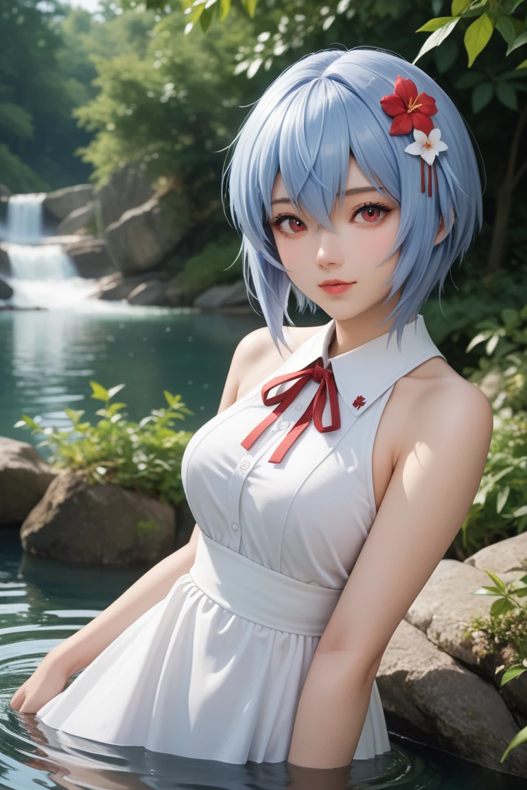 score_9, score_8_up, score_7_up, 1girl, solo, breasts, looking at viewer, short hair, bangs, hair ornament, red eyes, dress, ribbon, hair between eyes, bare shoulders, blue hair, flower, outdoors, sleeveless, water, white dress, red ribbon, sleeveless dress, nature, wading, ayanami rei