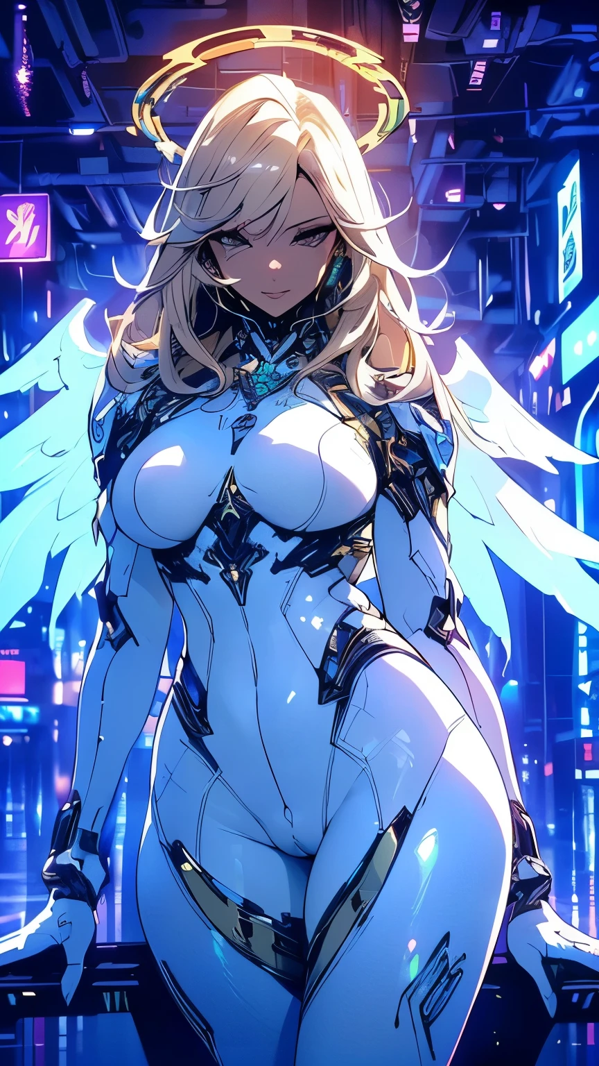 (High quality, Ultra detailed, best quality, insanely detailed, beautiful, masterpiece)、(Blonde long hair angel)、(Huge breasts)、(Metallic white cyberpunk suit)、(Wide Hips、Thick thighs)、((Camel toe:1.3)、(NSFW:1.3))、(Glowing cyberpunk decor)、(Glowing angel halo、Glowing angel wings)、(Cyberpunk space at night)、(Detailed five fingers)