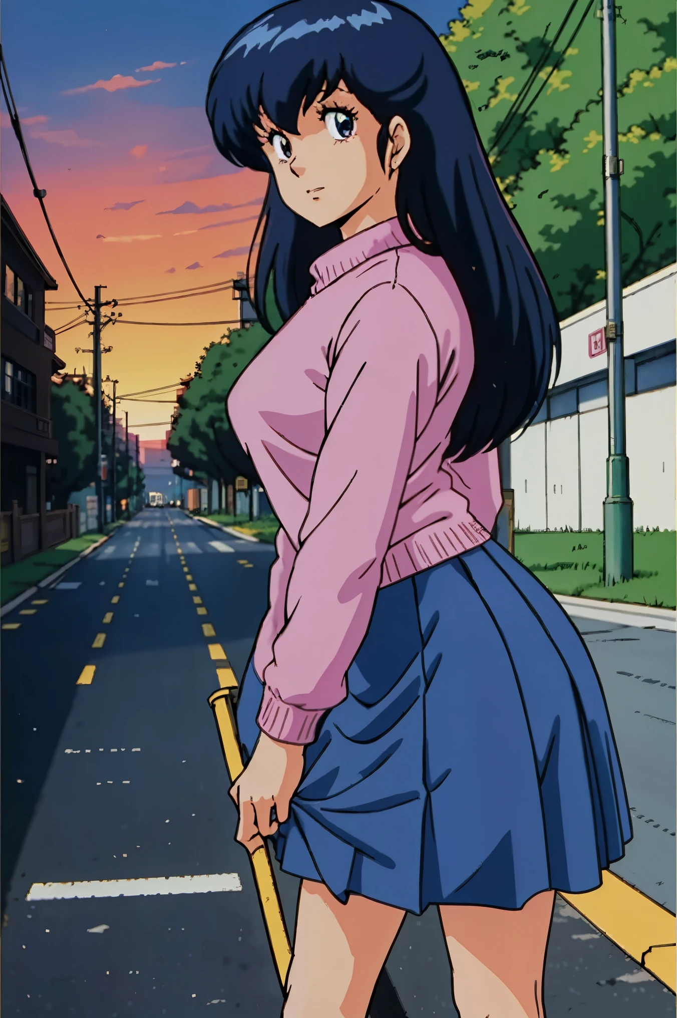 kyoko,score_9,score_8_up,score_7_up,source_anime,1girl,solo,looking at viewer,city,streetscapes in the 1980 s,asphalt pavement,pavement,lamppost,power_lines,orange sky,dusk,pink sweater,white collared shirt,long_skirt,blue skirt,cowboy_shot,front view,standing,smile,:d,arms_behind_back,