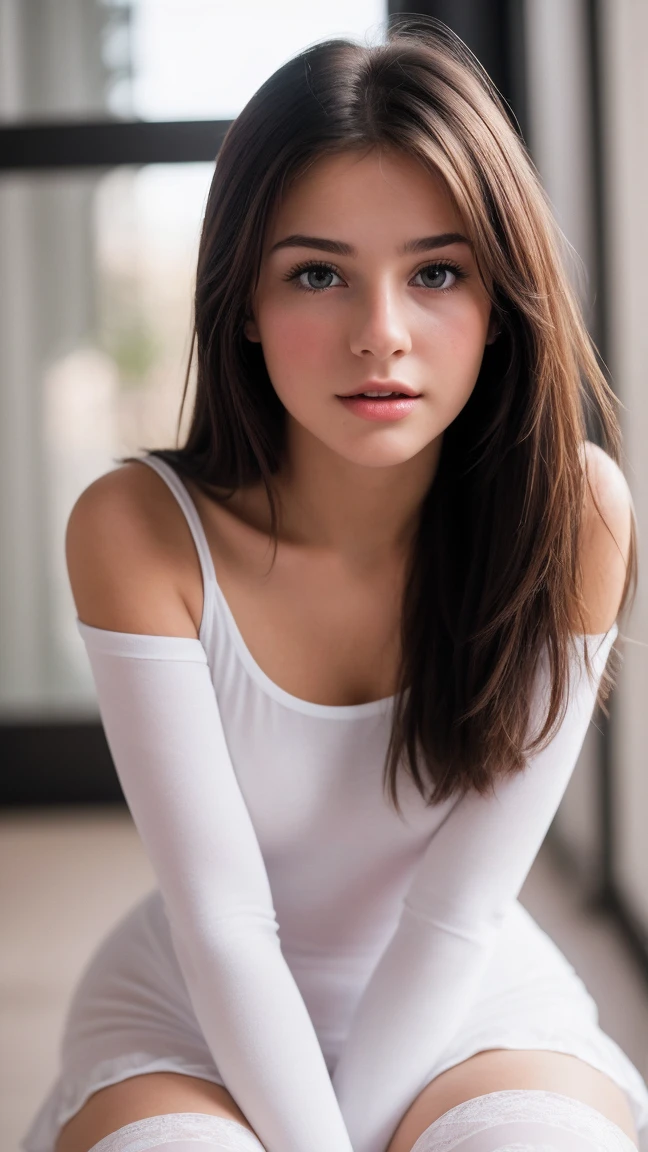 A pretty young woman photo, solo, , masterpiece, best quality, depth of field, bokeh, ultra realistic, photorealistic, RAW photography, extremely high resolution, amazingly high detailed eyes and face, adorable, ray tracing, showing her pussy, spreaded legs, wearing white tights,