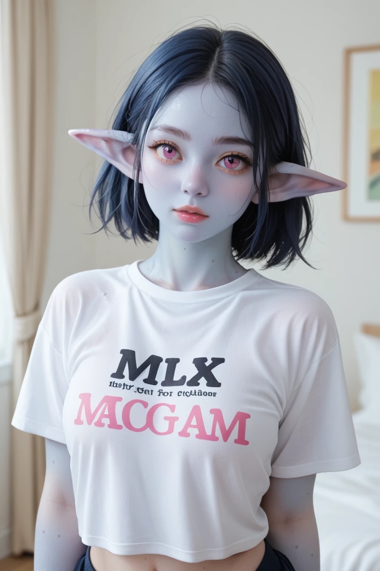 score_9, score_8_up, score_7_up, score_6_up, score_5_up, score_4_up, 1girl, young, curvy chest, xxl shirt, goblin ears, dark and blue skin, dark blue hair, pink eyes, character wet body