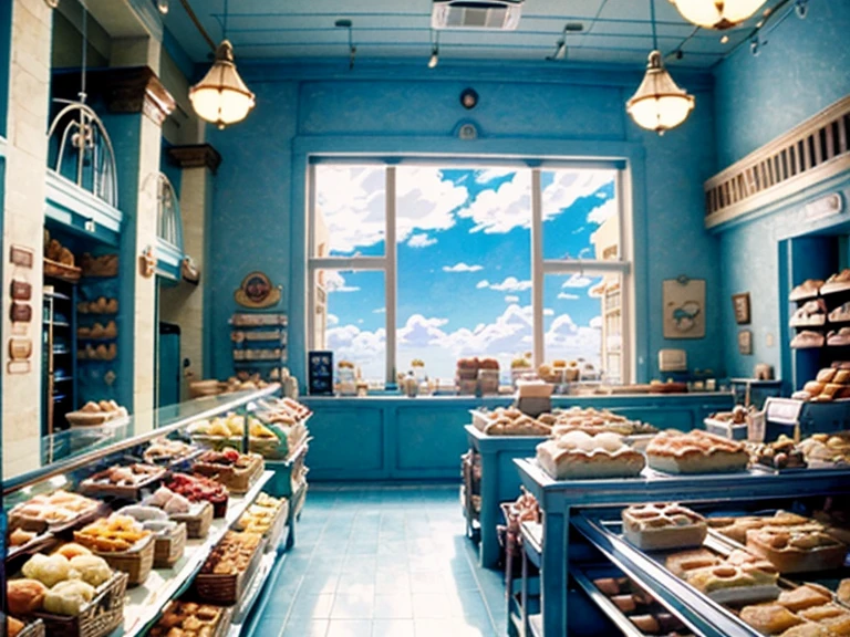 DVD screengrab from studio ghibli movie, (beautiful bakery shop interior:1.4), clouds on blue sky, designed by Hayao Miyazaki, retro anime, street view