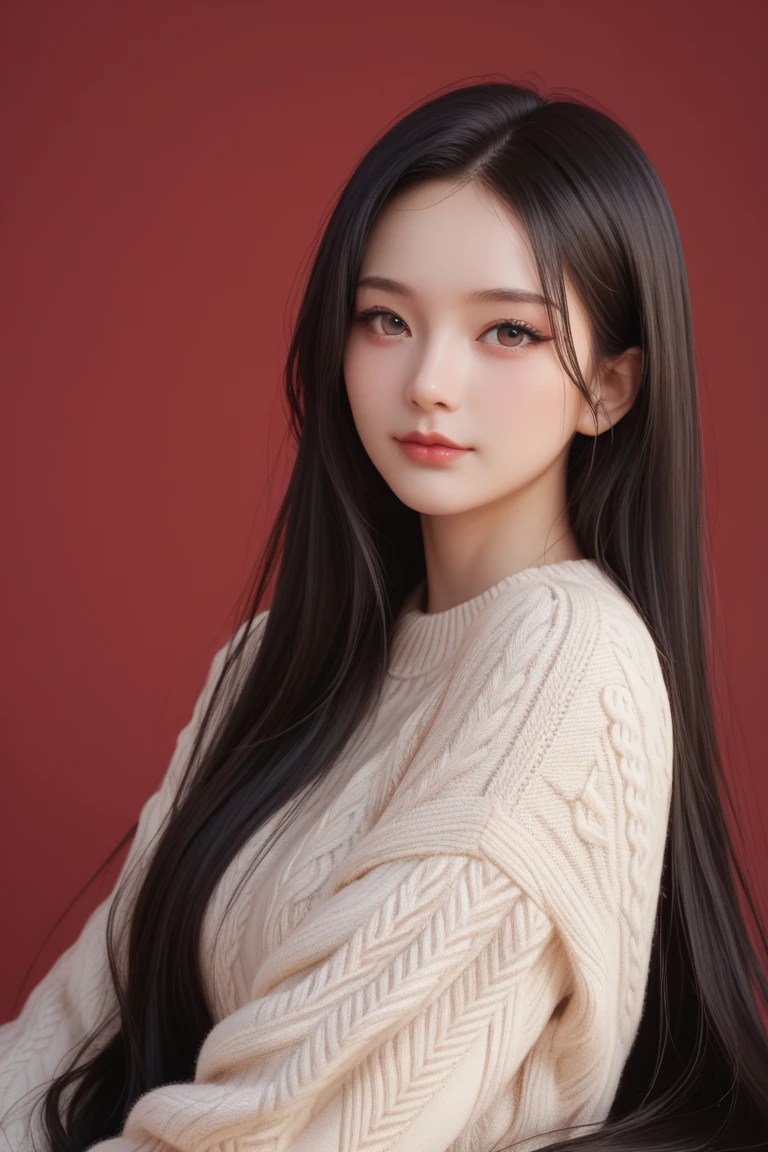 ,score_9,score_8_up,score_7_up, 20 years old, 8k, hd, beautiful girl, black hair, very long hair, straight hair, closed mouth,
1girl, detailed face, beautiful woman's face, sweater, red background, looking at viewer,