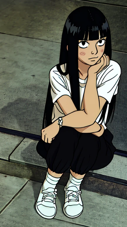 ((best quality)),((highly detailed)),masterpiece,absurdres,detailed face,beautiful face,((detailed eyes, deep eyes)),((dynamic pose)), sawako, 1girl, black hair, solo, long hair, bangs, black eyes, blunt bangs, blush,looking at viewer, open mouth, hime cut, white t-shirt, black miniskirt, white socks, black shoes, full body,  cartoon fanart style, 