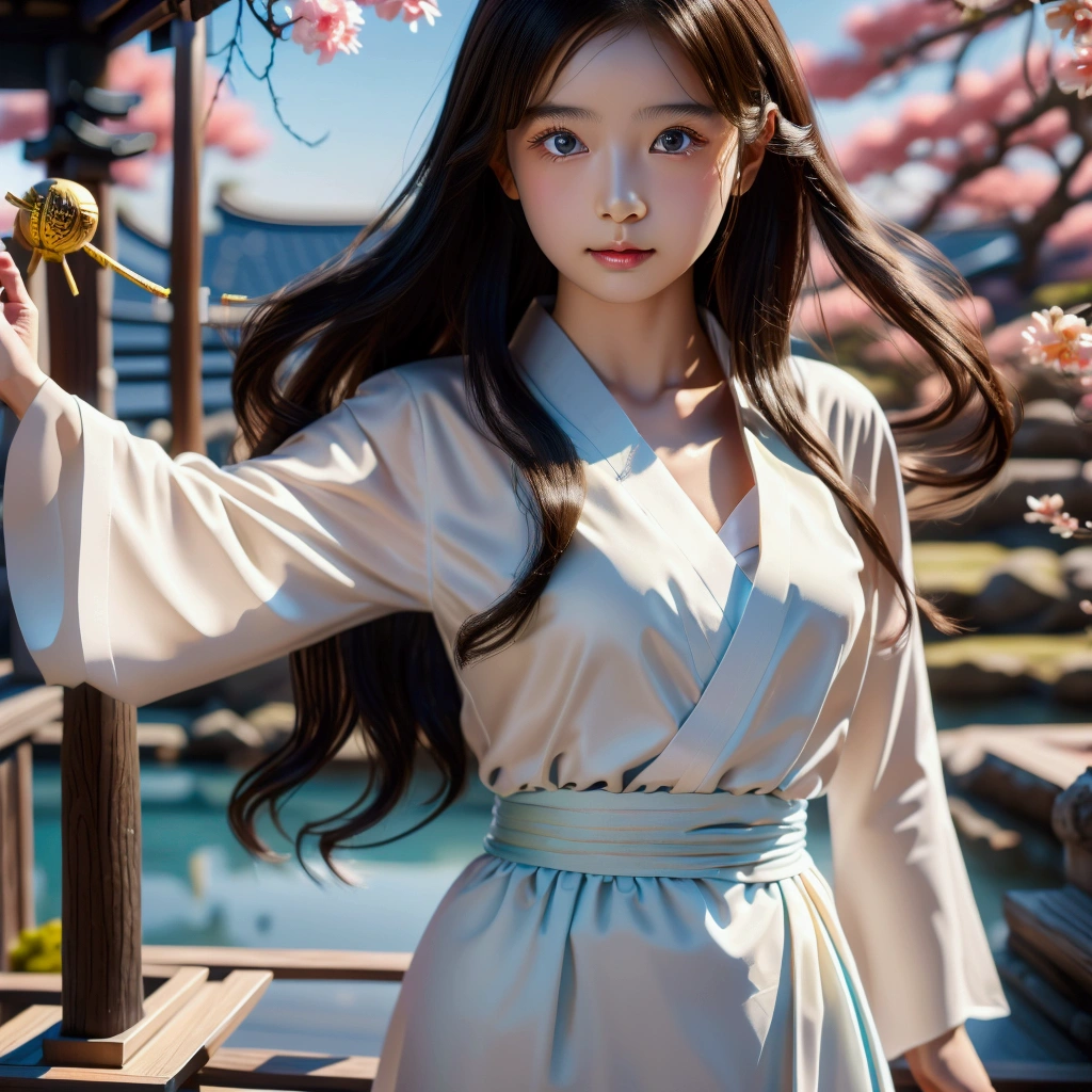 The sun shines in the forest，Fell on a 16-year-old Chinese girl，The Tyndall effect was produced，The girl was dressed in Hanfu，It is mid-August，Girl with long hair and waist，Peach blossom eyes，Willow eyebrows，Dance