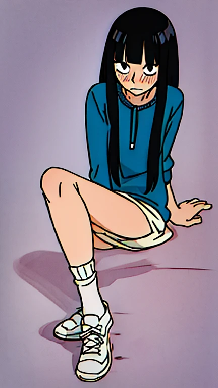 anime girl sitting on the floor with hand on her knee , the anime girl is squatting, retro anime girl, inspirado em Rei Kamoi, Bulma de Dragon Ball, linda garota de anime agachada, Estilo de arte de anime dos anos 90, estilo anime Gainax, anime girl with teal hair, Estilo anime dos anos 90, Estilo de anime dos anos 90, garota de anime do futuro