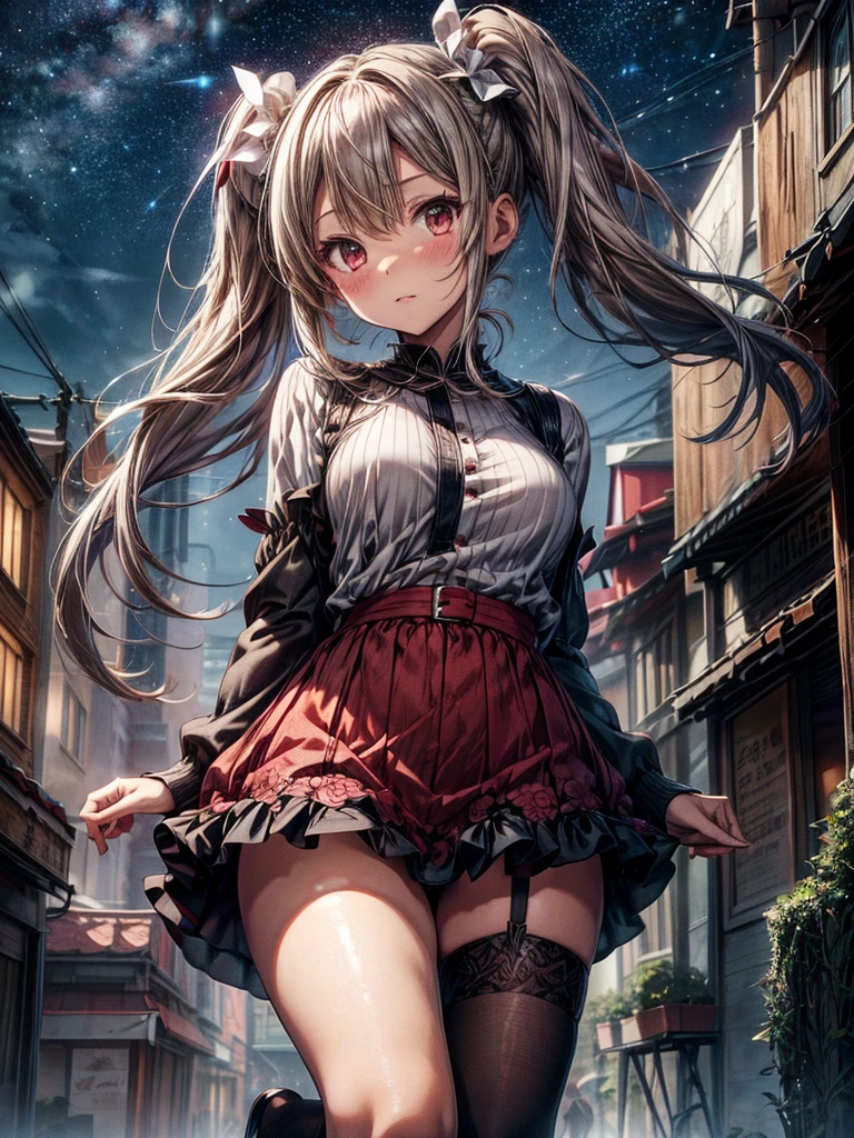 Best quality, masterpiece, highly detailed, high resolution, anime style, solo, young girl, short height(160cm), slight blush, full lips, fair white skin, grey colored starry pupiled eyes, Long Red Hair, white accents, twintails, Knee length sweater dress, big breasts, slight curves, POV, mole under the eye, round trim glasses, sheer red thigh-high floral pattern stockings