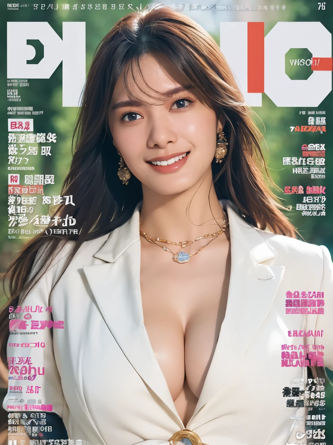 High resolution、masterpiece、Textured skin、high quality、超High resolution、solo、(magazine cover:1.4), politician, Very detailed、woman、Looking at the camera、smile, (Big Breasts:1.1)、(Cleavage:1.0), (sagging breasts:1.0), Perfect Style、white jacket, suit, necklace, earring, parliament badge, (upper:1.0)