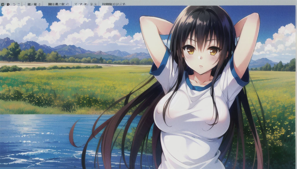 One Girl,  kotegawa yui, Long Hair,Uniform,Black Hair, Observe the audience, Large Breasts, Anatomically correct, Spread your arms,Pixel Perfect,Place your arms behind your head, Cowboy Shot, (background,sea,blue sky),(Fits your body,Sportswear)