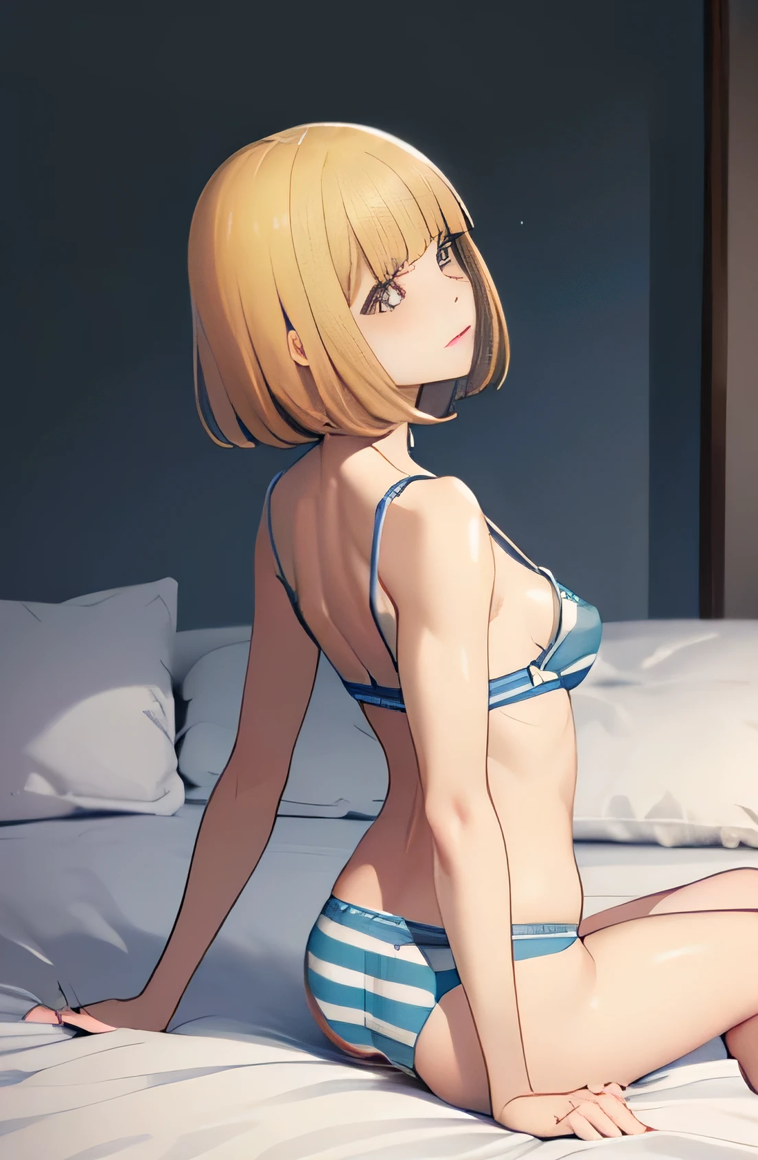 masterpiece、High resolution、Best image quality、Hana Midorikawa、Facial detailing、Bob Cut Hair、blonde、bangs、Sharp Eye、thin太もも、thin、Muscular、pillow、((From the return、[profile、return、Butt、return of head、Red cheeks、Strong sense of shame、Sexually-expressed facial expressions、Writhing in intense pleasure))、(Lying face down on the bed、stretching legs、Prone position)、((small 、Light blue and white striped bra、Light blue and white striped panties))