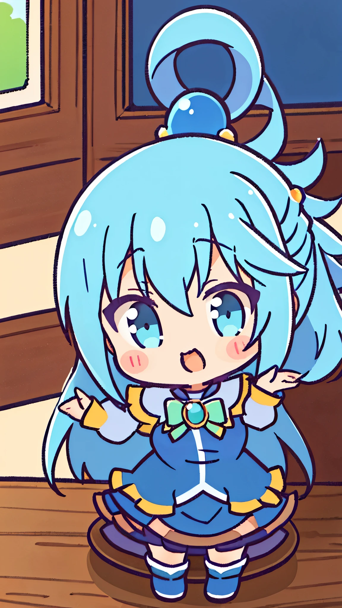 (better quality)), ((masterpiece)), (Very detailed), A high resolution, Aqua Konosuba, blue dress, thin hair, hair clip