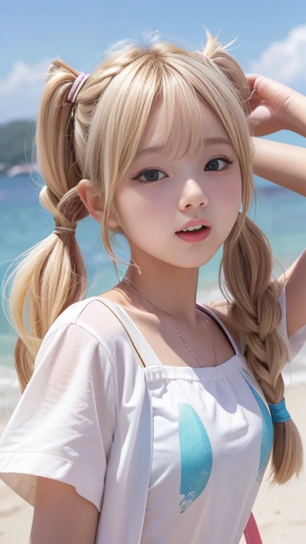 Sunburn marks on tanned skin、blush、Bright blonde twin tail hair,A cute 16-year-old girl with a cute look, A strong wind blows my hair in front of my face、Beautiful big sparkling eyes, Cute eyes hidden by long bangs、Yawn、No visible nasolabial folds、A short, light-colored ummer shirts with cute designs and colorful designs、Korean Beauty