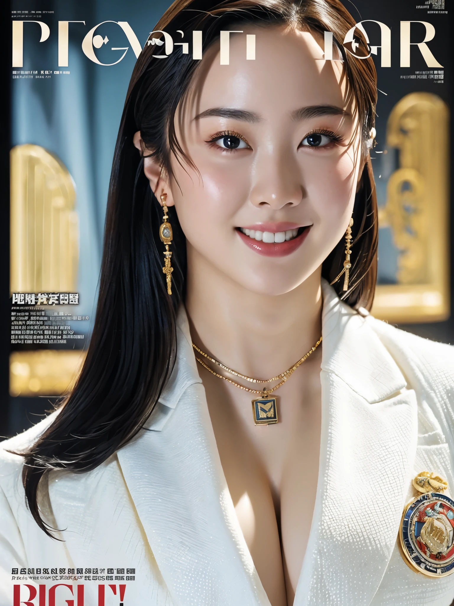 High resolution、masterpiece、Textured skin、high quality、超High resolution、solo、(magazine cover:1.4), politician, Very detailed、woman、Looking at the camera、smile, (Big Breasts:1.1)、(Cleavage:1.0), (sagging breasts:1.0), Perfect Style、white jacket, suit, necklace, earring, parliament badge, (upper:1.0)