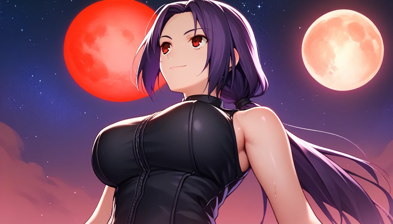 Score_9, Score_8_up, Score_7_up, One Girl,smile, Hirokazu Koyama ,Cowboy Shot,Sweaty,sexy,Pixel Perfect,Large Breasts,Anatomically correct, masterpiece,Very detailed,Outdoor,8k, (background,Red Moon,Starry Sky,Simple),(Fits your body,Black rider suit,Sleeveless), A seductive smile, Red eyes, ( Long Hair, Purple Hair, Parted bangs,Low Ponytail, ),Look at, Composition looking up from below