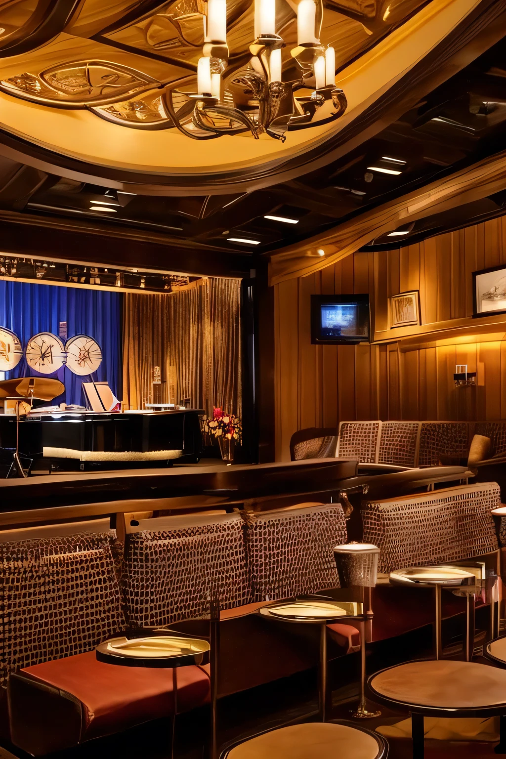 A cozy and intimate jazz club interior, warmly lit by soft amber lights. The stage is set with a grand piano and a drum kit, while the audience is seated at round tables, illuminated by candlelight. The walls are adorned with framed pictures and memorabilia, and string lights hang from the ceiling, adding to the cozy ambiance. The atmosphere is filled with a sense of relaxation and anticipation for live jazz performances."