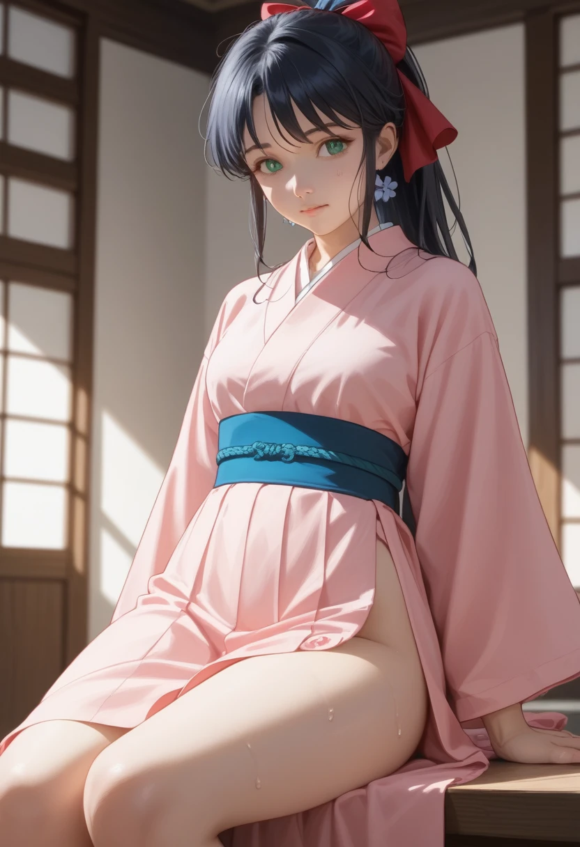 ((1 girl)), (shinguuji sakura / sakura, sakura taisen /), official style,  shinguuji sakura, sakura taisen, best quality, intricate, overall detail, 1 girl, ponytail, pink kimono, hakama skirt , facing the front,Girl hanging from the ceiling with her arms tied with rough rope、Sweat、the rope tied her body、suspension , wet body、Rough rope digging into my crotch、A large amount of liquid flows out from the crotch、One leg is suspended above by a rough rope、tied with rope、tightly bound、both hands tied、legs hanging in shackles , (8K, Live shooting, Highest image quality, masterpiece: 1.4), Super high fine mesh, (Reality, photorealistic: 1.48), masterpiece、highest quality、Super detailed、8K、detailed light、detailed shadows、Raw、(detailed skin)、(Reality: 1.2)、1 japanese girl、face、1、black hair、long hair、white lace underwear、In heavy rain、(intricate details), sunlight, depth-of-field,  BREAK 1girl, sitting, (curvy body), slim waist, wide hips, large thighs , green eyes