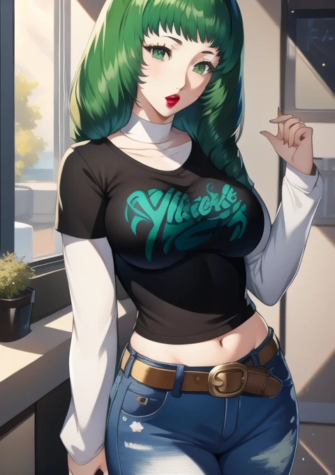 masterpiece, best quality, flayn, green hair, 1girl, solo, standing, black t-shirt, white shirt, jeans, belt, lipstick, large breasts