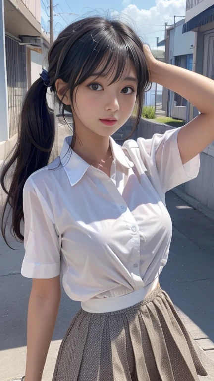 (masterpiece:1.3, highest quality, Ultra-high resolution, Super detailed), (Realistic:1.1, photoRealistic:1.4), Beautiful illustrations, Perfect lighting, colorful, Depth of written boundary, Beautiful detailed hair, Beautifully detailed face, Beautiful fine details, Beautiful clavicle, Beautiful body, Beautiful breasts, Beautiful thighs, Beautiful feet, Beautiful fingers, View your viewers, 1 girl, Japanese, high school girl, Perfect Face, (Perfect Anatomy, Anatomically correct), Cute and symmetrical face, Baby Face, Sunburn, Shiny skin, (Middle Hair:1.5, Twin tails:1.2, Blonde), Asymmetrical bangs, blue eyes, Long Eyelashes, (Medium chest), thin, ((Collared short-sleeved shirt, Light blue shirt, , Grey plaid pleated skirt, Navy them)), No panties, (Beautiful views), evening, (Outdoor, distant cityscape), Are standing, (peace sign), (Cute smile, Cheek blush、Upward glance, Open your mouth), (Opening a girl's pussy:1.3), Occasionally crouches:1.2,Stick your finger in pussy:1.9,((Beautiful girl holding a puppy)),((Very small, young face and chest)),(Cleavage:1),(very small and flat chest:1.4),