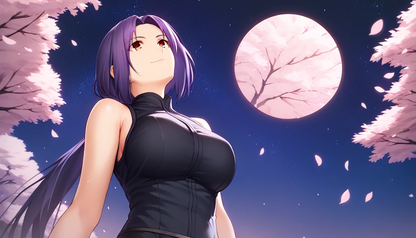 Score_9, Score_8_up, Score_7_up, One Girl,smile, Hirokazu Koyama ,Cowboy Shot,Sweaty,sexy,Pixel Perfect,Large Breasts,Anatomically correct, masterpiece,Very detailed,Outdoor,8k, (background,cherry blossoms,Starry Sky,Simple),(Fits your body,Black rider suit,Sleeveless), A seductive smile, Red eyes, ( Long Hair, Purple Hair, Parted bangs,Low Ponytail, ),Look at, Composition looking up from below