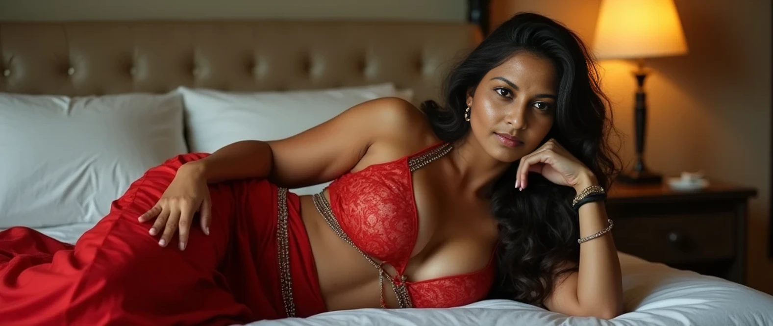 1girl in, age19, Solo, Long wavy hair, Colossal tits, long messy windy black hair, camera facing down at, sitting on bed cross leg , looking up at camera, half smile, biting lip, blondehair, Full body, (extremely detailed 8k wallpaper), soft lighting, high quality, film grain, Fujifilm XT3 sharp focus, f 5.6, 50mm,  High Detail, Sharp focus,(natural light), (seductive), revealing, Realistic, A sexy, red lipstick, where red half saree, showing her body, hands in hair, Indian,  transparent saree, belly button visible, navel visible