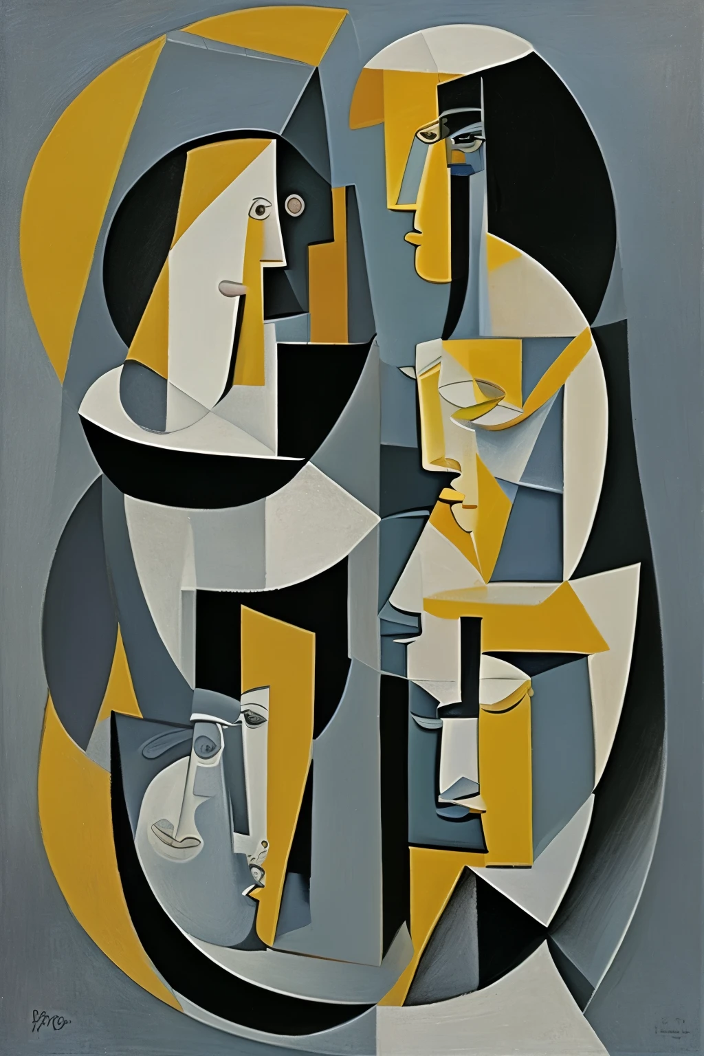 Men and woman naked, picasso style, cubism, round, cube, circle, triangle, artistic composition, surreal, black, white, gray, muted colors