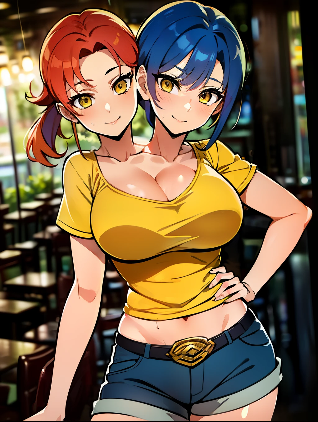 ((best quality), (high quality), (detailed), (masterpiece), good artist, (2heads:1.5), 1girl, (red hair), (blue hair), (yellow eyes), (short ponytail), casual wear, gentle smile, ((yellow t shirt)), brown short pants, a two headed woman with beautiful detailed eyes, (detailed hairstyles), strong and confident expressions, (exposed midriff), sexy girl, medium cleavage, sexy body and face, perfect body, beautiful symmetric body, sexy body, sexy girl, beautiful body and face, sexy hot body, very sexy pose, (The Café Terrace and Its Goddesses style), belt