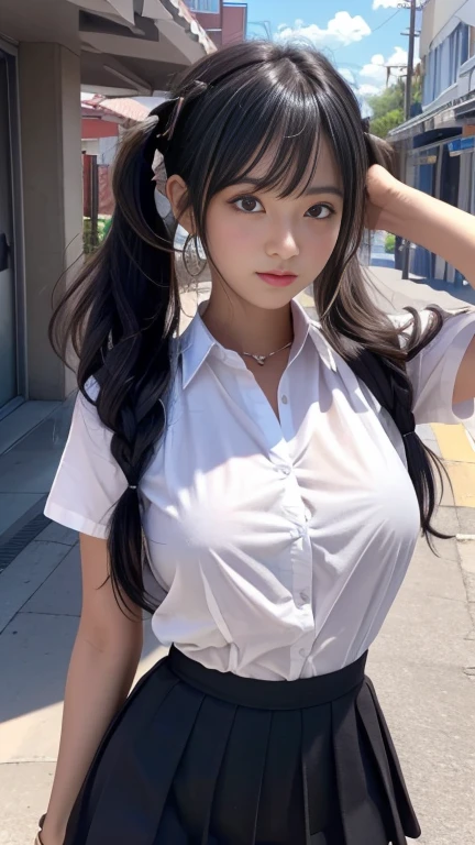 one-girl，Kneeling on the playground after school，（（with whole body visible）），far from viewer。
She is a beauty，prette，adolable，adolable，年轻，Teenage uncensored。
She's slim，slim，petite，being thin，（Bigchest），（Bigboobs），（Large breasts）。
She was sweating，Wet pubic hair，drenched all over the body。clothes see-through，Sweat on the skin，Wet hair。
She grinned，Laughing。She looks natural，unwind，Plain。
Scheming face。Grimacing。（Stick out her tongue），Tell a secret，Hide a secret，is shy，exhilarated。
She stared at the audience。
She wears a black ponytail。
she wears a school uniform，A rolled up white shirt with a blue collar（Under the shirt is a transparent sports bra），blue short pants，Wear two layers。
Shirtlift，.（（（（She lifted her shirt，Reveal the transparent bra underneath）））。
The camera focuses on her face，light shining on face，Very large aperture，（（f/1.2）），with a shallow depth of field，The background lens is blurry strongly，ISO 3000，automatic white balance，
extremely detaile，profesional lighting，the soft light，RAW photogr，Uniqlo fashion model，
best qualtiy， tmasterpiece， Award-winning photography， hugefilesize， 8k， A high resolution，
Shot on a Sony DSLR。