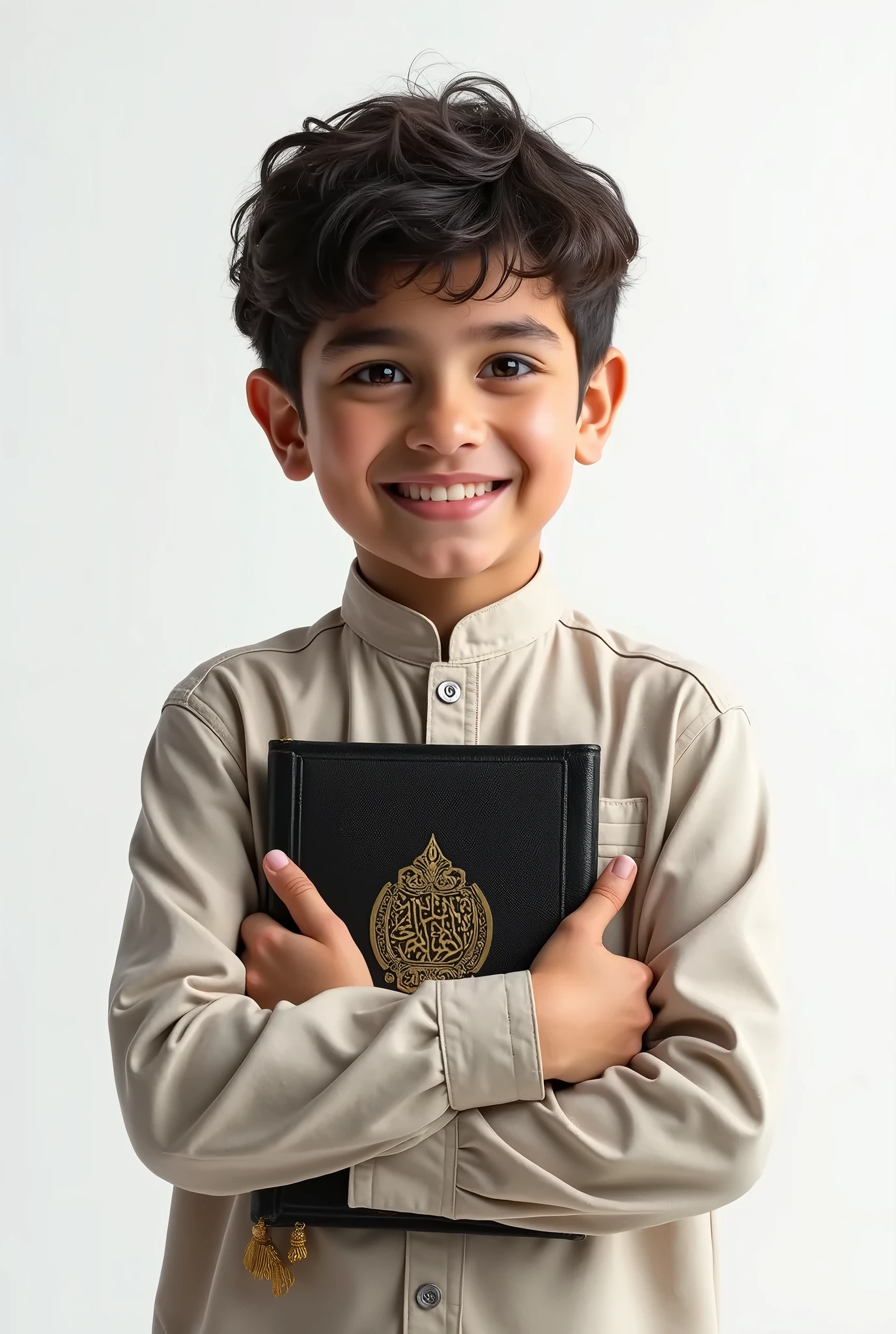 8 years old, Asian boy, Muslim clothes, in the living room, smiling, wide angle, long shot, night scene, holding a small sausage