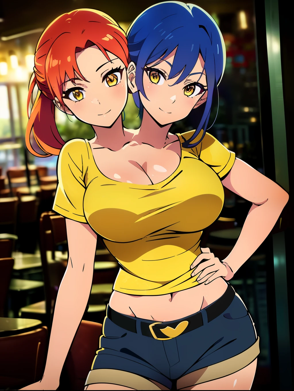 ((best quality), (high quality), (detailed), (masterpiece), good artist, (2heads:1.5), 1girl, (red hair), (blue hair), (yellow eyes), (short ponytail), casual wear, gentle smile, ((yellow t shirt)), brown short pants, a two headed woman with beautiful detailed eyes, (detailed hairstyles), strong and confident expressions, (exposed midriff), sexy girl, medium cleavage, sexy body and face, perfect body, beautiful symmetric body, sexy body, sexy girl, beautiful body and face, sexy hot body, very sexy pose, (The Café Terrace and Its Goddesses style), belt