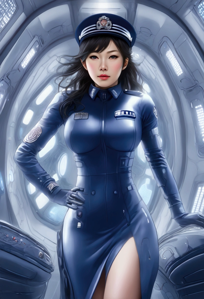 (((( Japanese Woman wearing 2005 japan Police Officer )))), with flowing hair on a realistic futuristic space station)), ((sleeping in coffin shaped futuristic cryopod)), ((cushioned bed with display and glowing control surfaces)), ((scifi circlet on head)), weightless & floating, (photorealistic), , , (with medical sensor harness and connected full body
