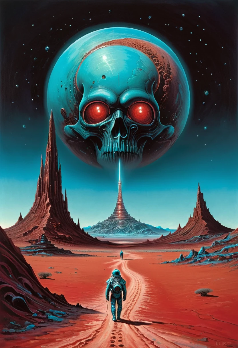 A flat desert of red sandnight, dark atmosphere, a cosmonaut walks from behind, a mountain of red sand in the distance, a turquoise blue planet high in the sky, a giant tower sparkling in the distance , giant monster skull on the ground, dark atmosphere, H.R. Giger, realistic, ultra-detailed, Moebius