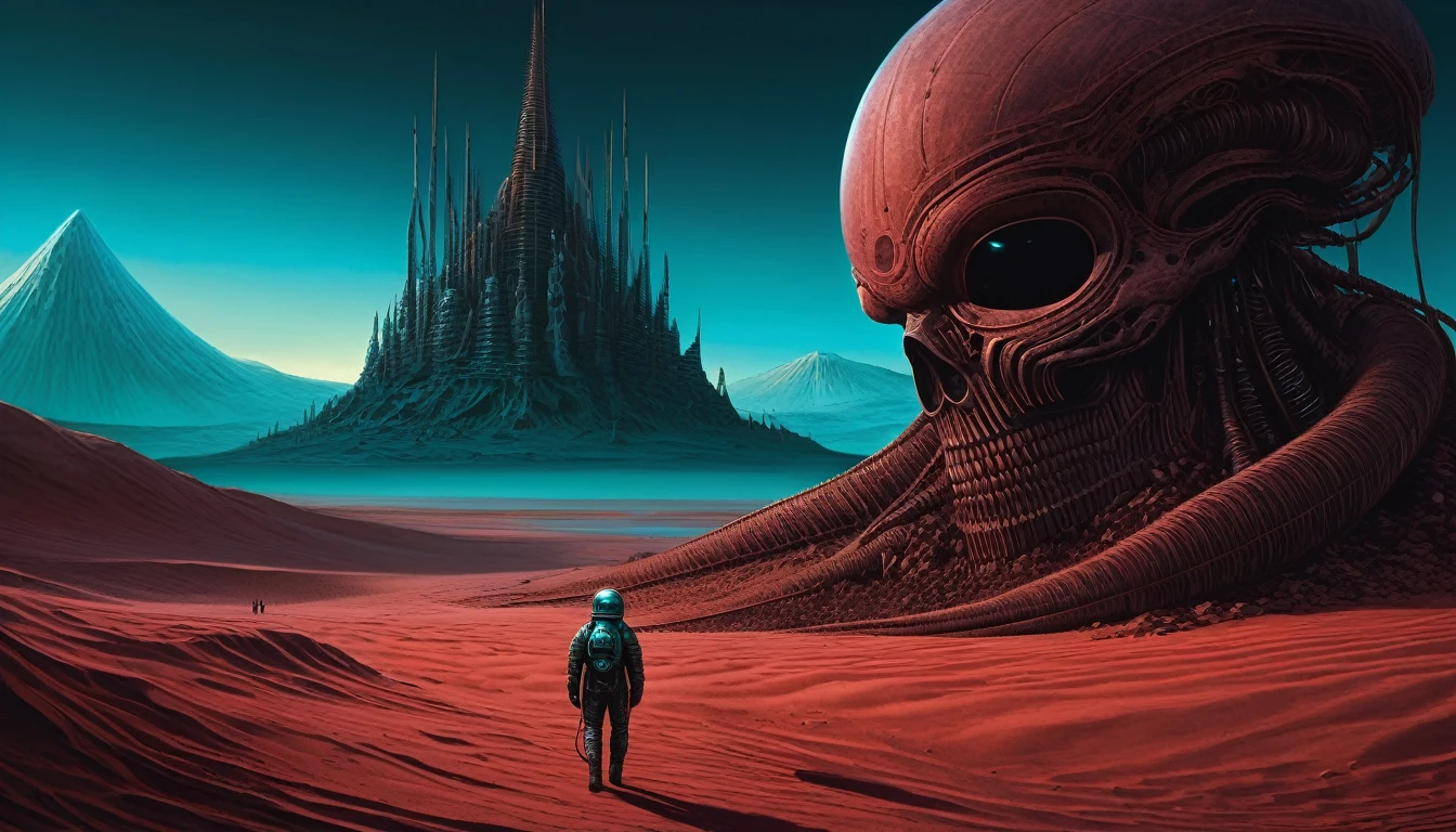 A flat desert of red sandnight, dark atmosphere, a cosmonaut walks from behind, a mountain of red sand in the distance, a turquoise blue planet high in the sky, a giant tower sparkling in the distance , giant monster skull on the ground, dark atmosphere, H.R. Giger, realistic, ultra-detailed, Moebius