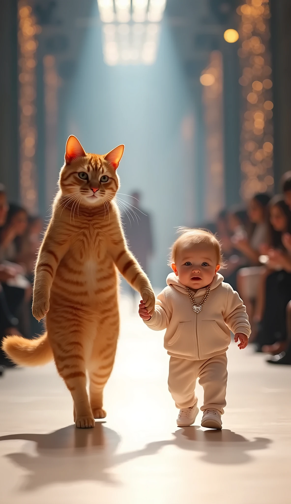 Newborn baby with significant details including Himalayan cat fur outfit riding on a large Himalayan cat walking in a real fashion show