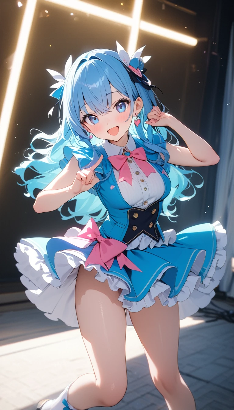 (8k, RAW Photos, 最high quality, masterpiece:1.2), high qualityのRAWカラー写真, Professional photo shoot, Cinematic Light, Alone, (((1 girl))), Blue Hair, Long Hair, Wavy Hair, blue eyes, jewelry, Earrings, Idol Costumes, Cute frills, Pastel Blue, Beautiful thighs, Flared Skirt, (smile:1.5), ((Open your mouth:1.2)), ((Random Action Pose:1.2, My heart feels like it&#39;s going to burst)), (tits), squat, ((Peace sign, Double Peace, 両手でPeace sign:1.1)), Beautiful Skin, Shiny skin, Perfect Fingers, Five fingers, Background Blur, high quality, Surreal, Bright colors, ((Very detailed, photo shoot)),