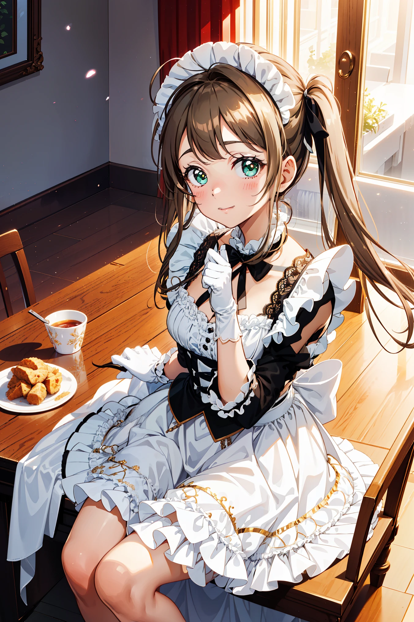  Girl，Attractions，have fun，in love，(Wearing a white modern innovative maid outfit with a small amount of underwear)，(White ruffle gloves)，Green eyes，Brown hair，Sacred headdress，Transparent lace，frill，ribbon，Dress nicely，Solitary，dining room，drinks，Dark，Beautiful face，