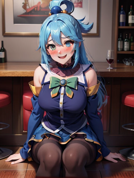 masterpiece, Best quality, High resolution, absurdities, ultra detailed, Beautiful eyes,
 aaaqua, long hair, blue hair, hair rings, hair ornament,choker, bare shoulders, green bow, Blue shirt, loose sleeves, blue skirt, pantyhose, drunk, Intoxicated, Blush, cloudy, smiling sitting_on_Pull up, bar, _red_wine (having sex)
 