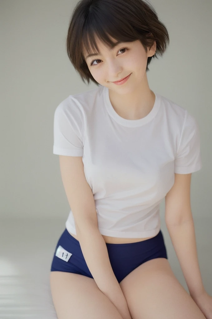 Top quality, 1 beautiful woman, super short Hair, mini skirt , Giddy Smile, Booty pose, at school 