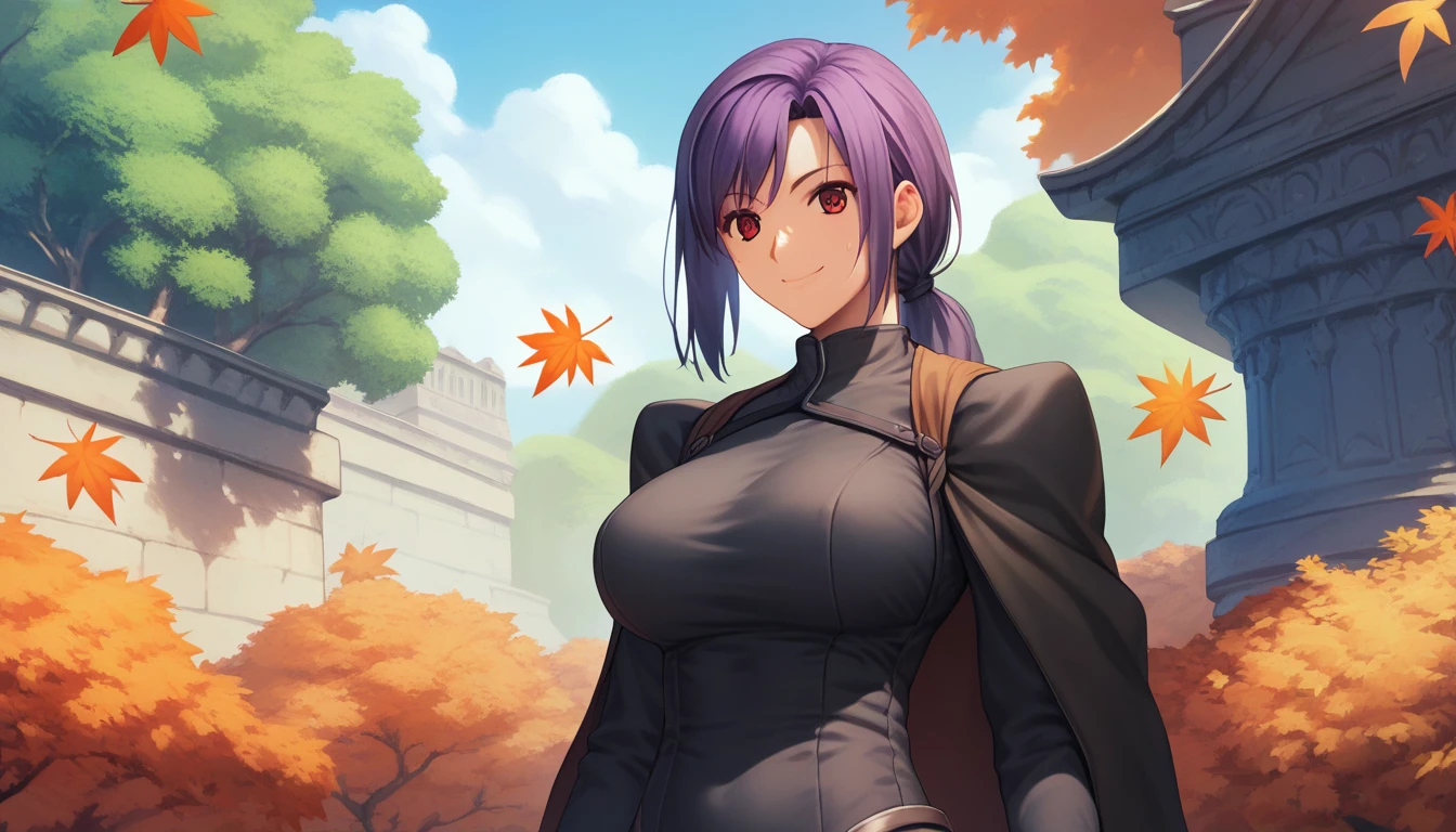 ((NSFW、big breasts、large areola、beautiful nipples、topless,shiny skin:1.5、nipples are visible)),masterpiece, best quality, souka, orange scarf, red dress, sash, vambraces, forest, upper body, looking at viewer, large breasts, smile