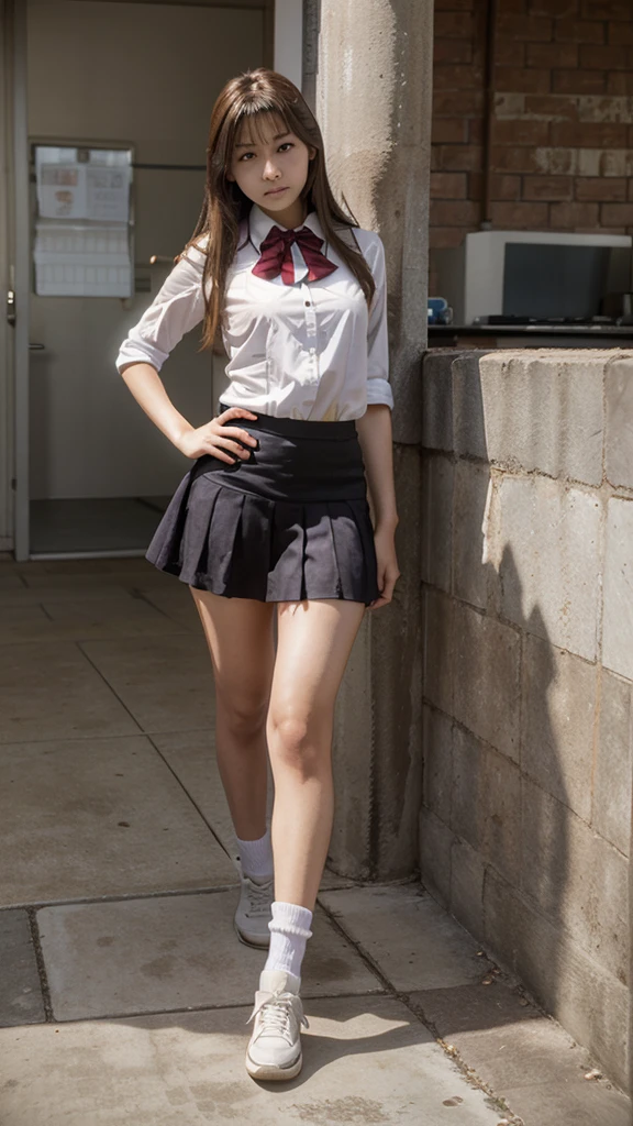 8K,(masterpiece:1.2, highest quality), (realistic, photorealistic:1.4), beautiful illustrations, (natural side lighting, movie lighting), NSFW:1.0, (looking to the side), (full body, Front view), (panty shot), 1 girl, Japanese, female teacher, perfect face, Cute symmetrical face, shiny skin, (long hair, straight hair, light brown hair), asymmetrical bangs, (gold eyes), long eyelash, (medium breasts), thin, beautiful hair, beautiful face, detailed and beautiful eyes, beautiful clavicle, beautiful body, beautiful breasts, beautiful thighs, beautiful feet, beautiful fingers, lace panties, ((Brown sleeveless high neck sweater, pleated skirt)), ((lift the skirt yourself)), (beautiful scenery), evening, (school hallway), Are standing,wearing shoes, (embarrassing, upper eye, close your mouth),