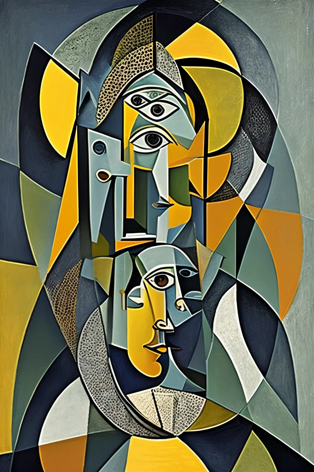 Woma  close up portrait, picasso style, cubism, round, cube, circle, triangle, artistic composition, black, white, gray, muted colors