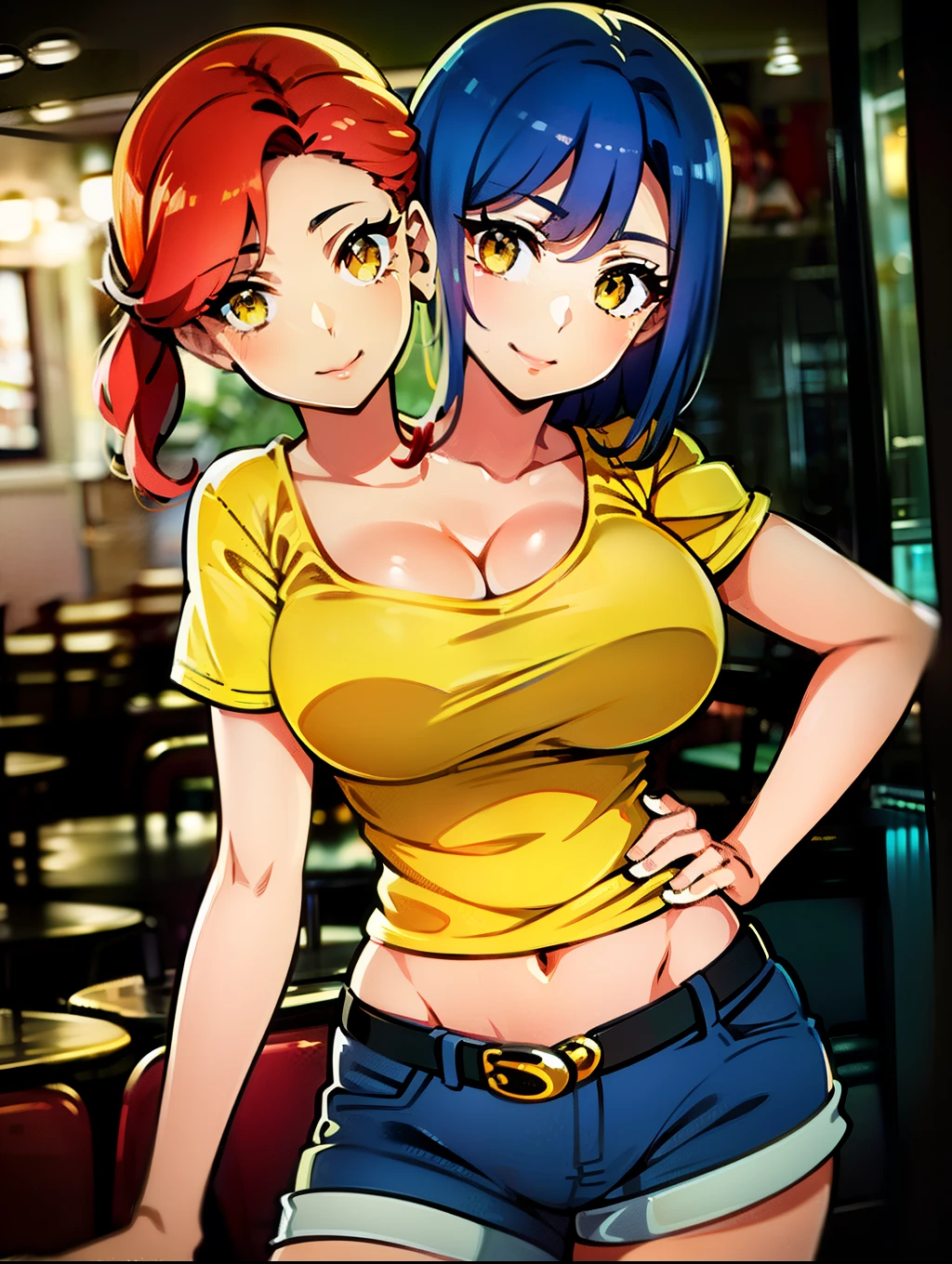 ((best quality), (high quality), (detailed), (masterpiece), good artist, (2heads:1.5), 1girl, (red hair), (blue hair), (yellow eyes), (short ponytail), casual wear, gentle smile, ((yellow t shirt)), brown short pants, a two headed woman with beautiful detailed eyes, (detailed hairstyles), strong and confident expressions, (exposed midriff), sexy girl, medium cleavage, sexy body and face, perfect body, beautiful symmetric body, sexy body, sexy girl, beautiful body and face, sexy hot body, very sexy pose, (The Café Terrace and Its Goddesses style), belt