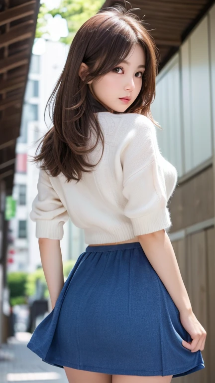 Walking around the city(Photorealistic), (ultra high realistic), (Ultra high definition), (ultra high detailed), (Increase contrast), (Increase saturation), (12 year old extremely beautiful girl、Young features), (light skinned)A pretty woman with perfect figure, Cute face, Beautiful expression, (Lifelike face), Beautiful hairstyle, Realistic eyes, beautiful detail, (real looking skin), Beautiful skins, enticing, The ultra -The high-definition, A hyper-realistic, Realistic, Very detailed, japanes, Short Bob, bangss), (white short coat and knee high boots、 Tartan check)((very short mini skirt、The line of the buttocks is visible)) Gentle smile, Brown hair, shrines、(the golden ratio、extremely beautiful breasts、thin-waist、Big buttocks)medium-full shot