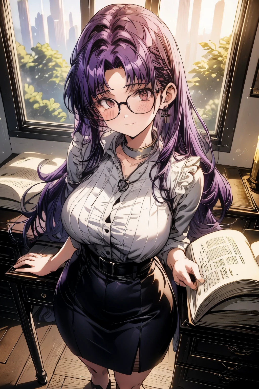 4k, HDR, full HD, Masterpiece, 1girl, (purple hair), perfect anatomy, full body, A teacher with a sensual and elegant appearance is standing in a large classroom illuminated by soft natural light coming through the large windows. She wears an unbuttoned tied blouse and a short pencil skirt. Her hair is perfectly arranged, falling softly over her shoulders, and she wears glasses that highlight her face with a calm and kind expression. He is standing next to a neat wooden desk, with books and notebooks stacked on it.