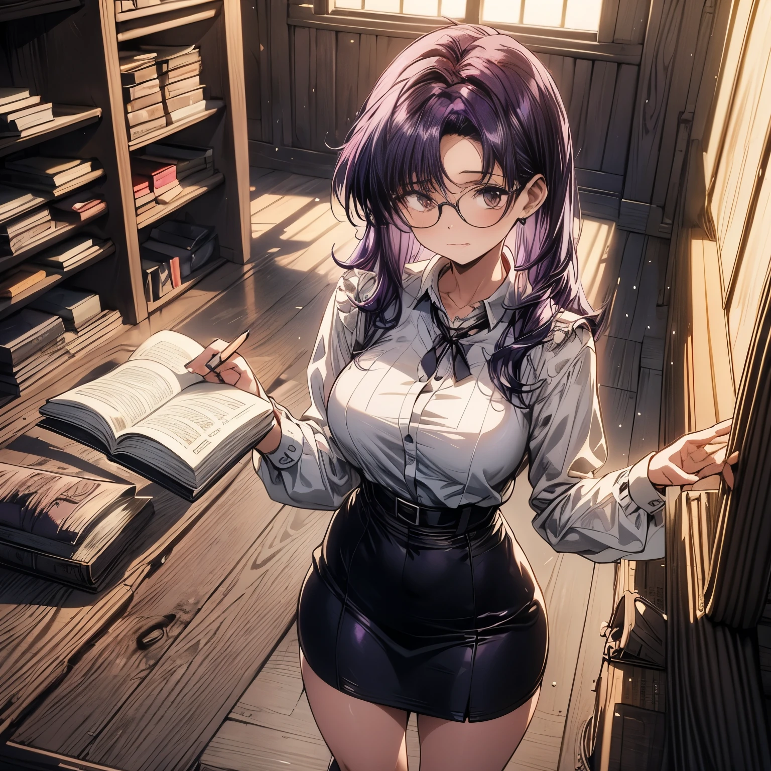 4k, HDR, full HD, Masterpiece, 1girl, (purple hair), perfect anatomy, full body, A teacher with a sensual and elegant appearance is standing in a large classroom illuminated by soft natural light coming through the large windows. She wears an unbuttoned tied blouse and a short pencil skirt. Her hair is perfectly arranged, falling softly over her shoulders, and she wears glasses that highlight her face with a calm and kind expression. He is standing next to a neat wooden desk, with books and notebooks stacked on it.