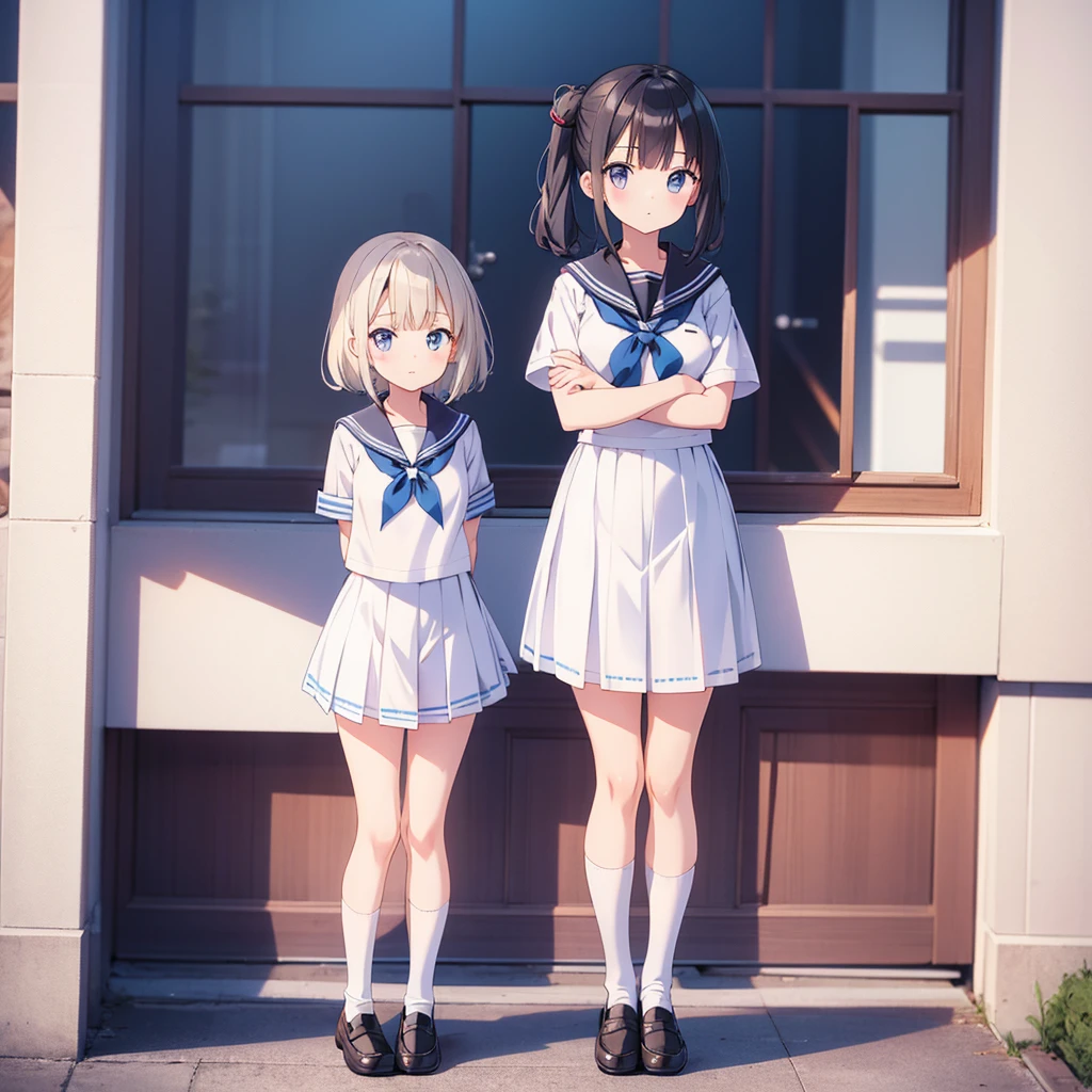 Highest quality,masterpiece,2person,hetero,Outdoor,((School building)),1girl,Green Eyes, Grey Hair, hair ornaments, bangs, Virtual YouTuber, blunt bangs, Double Bang, Animal ears, Flat Chest,uniform,Navy Blue Blazer,White shirt,Pink ribbon,Grey Skirt,Pink Panties,White long socks,Black low heels, :3,{{{{1boy,Black Hair,Short Hair,Shota,Put your face in the skirt}}}}